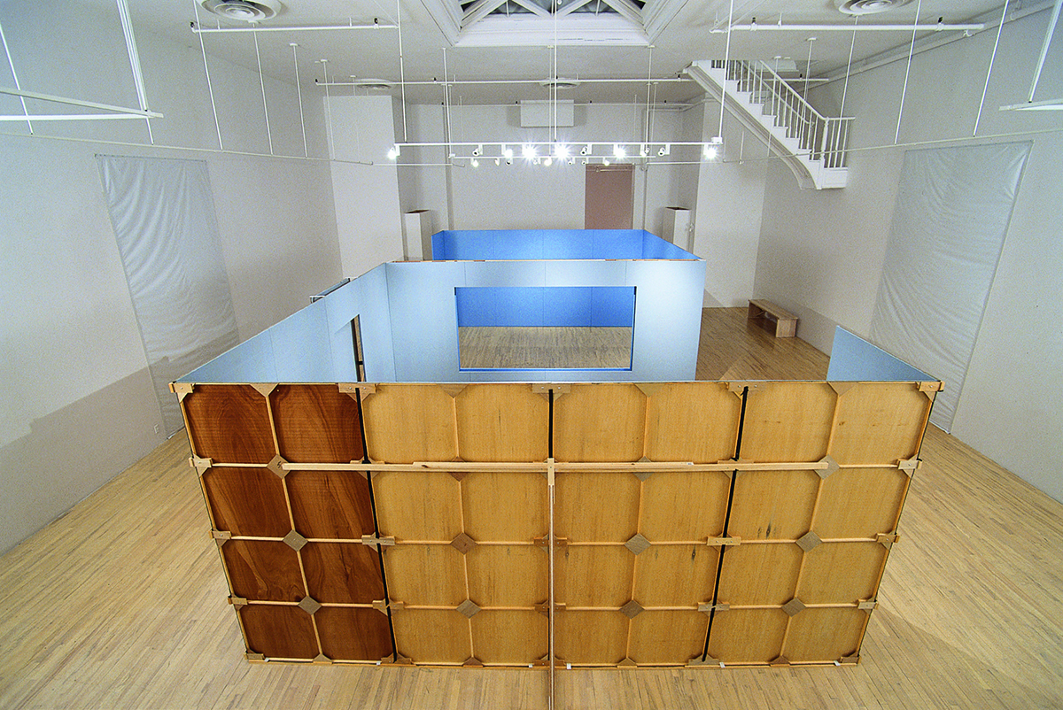 © Christian Kiopini. <em>Projet S, deuxième version</em>, 2002-2003. Installation picturale, acrylique et fil sur contreplaqué, lattes de bois, contreplaqué, 244 x 990 x 487 cm.