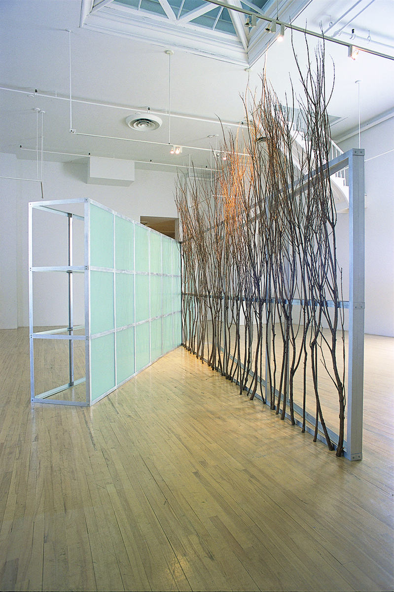 © Linda Covit. <em>Willow/Light</em>, 2004. Sculpture installative. Aluminium, verre dépoli, branches de saule, ficelle, 360 x 823 x 380 cm.