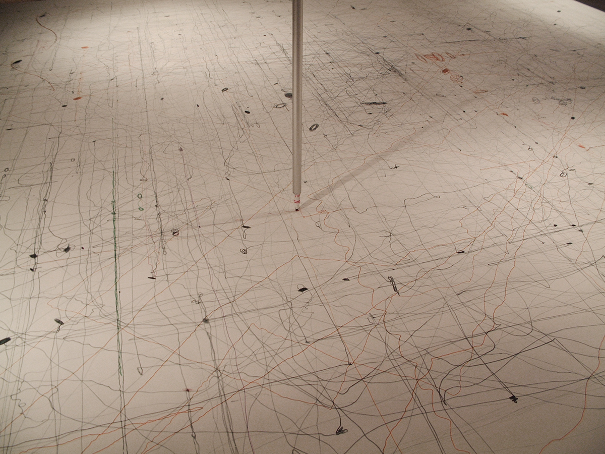 Alan Storey, <em>Transaction</em> (détail), 2003. Installation interactive. Bois, acrylique sur polythène, aluminium, fer-blanc, crayons feutre, objets divers, matériaux divers, 209 x 332 x 332 cm. © Maurice Achard